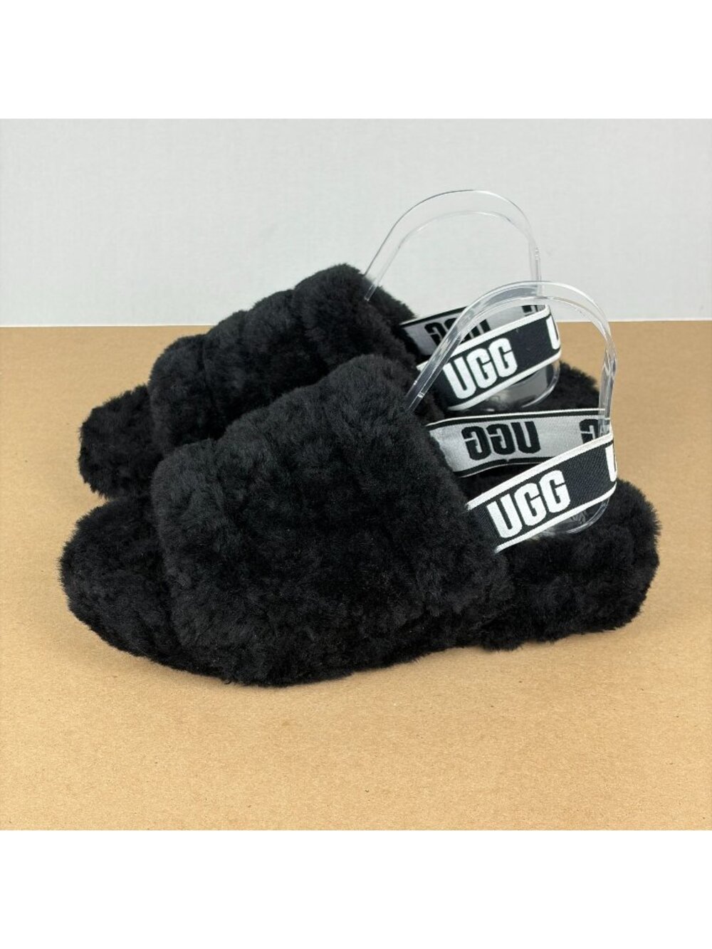 UGG Fluff Yeah Slingback Slippers Womens 8 Black Fur Sheepskin Casual Comfort